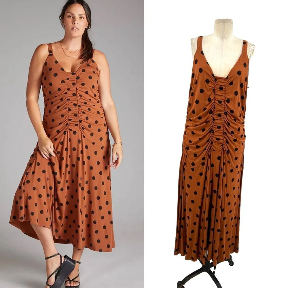 Anthropologie Maeve Midi Dress Ruched Polka Dot Jersey Brown Black Plus Size 1X
